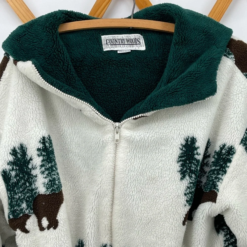 ⭐️Vintage Country Woods Forest Print Cream Fleece Zip-Up Hoodie